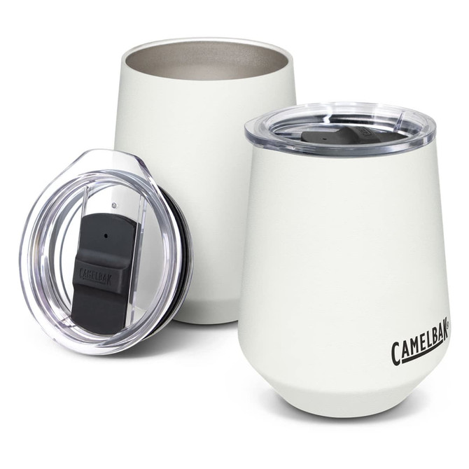 A drink bottle set featuring two cream-coloured tumblers with a clear lid and a logo.