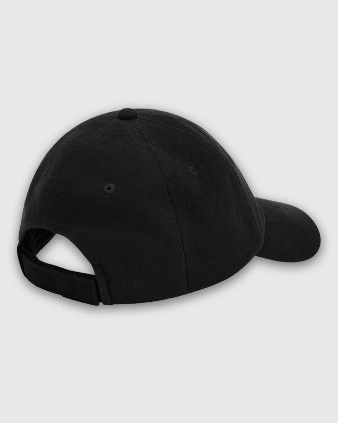 A black cap made from soft fabric, featuring a curved peak and an adjustable strap at the back.