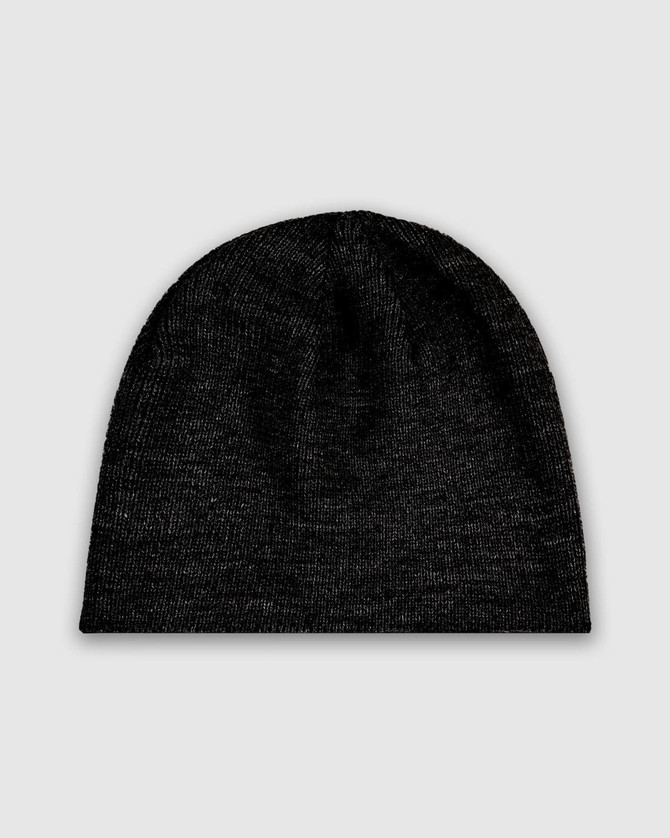 A black knit beanie with a simple design and a logo on it, suitable for headwear.
