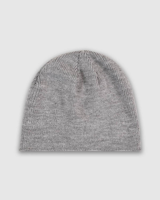 A grey knit beanie with a simple design, featuring a logo or branding. Suitable as casual headwear.