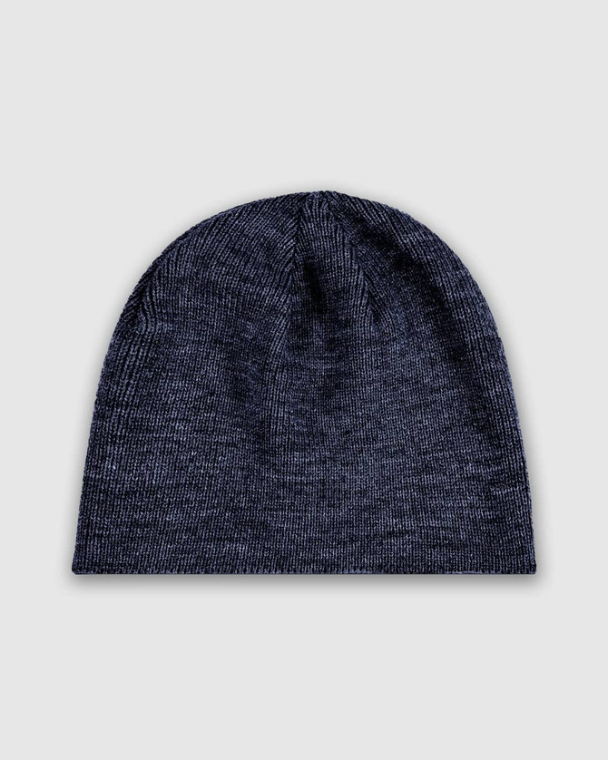 A black knit beanie with a soft texture, featuring a logo on the side.
