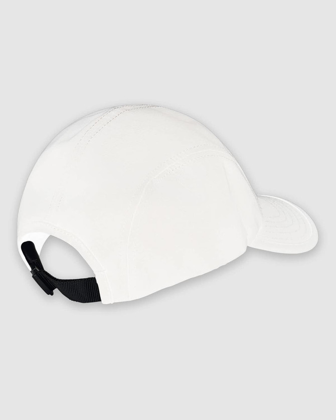 A white cap with a curved brim and an adjustable strap at the back, featuring stitched detailing.