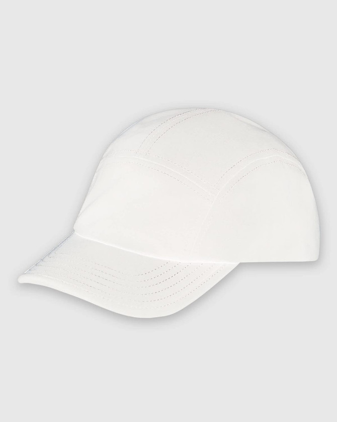 A white performance cap with a curved peak and stitched detailing. The cap features a logo.