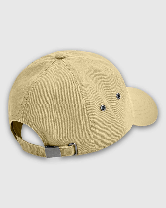 A beige baseball cap with a curved brim, adjustable strap, and ventilation eyelets. It features a logo.