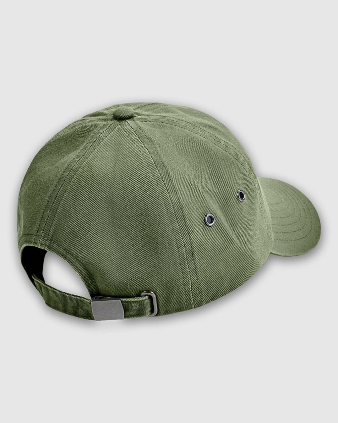 An olive green baseball cap with a strap at the back and ventilation holes. It has a logo on the front.