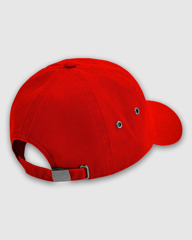 A red baseball cap with ventilation holes, featuring an adjustable strap at the back and a logo.