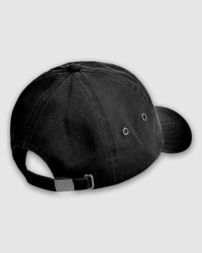 A black American Apparel washed baseball cap featuring a rear adjustable strap and ventilation holes.