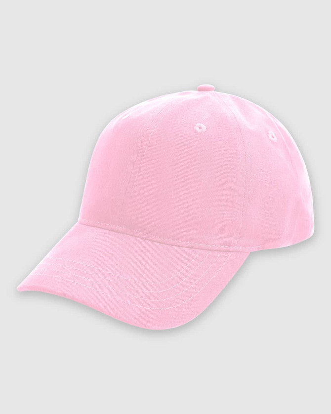 A pink cap featuring a rounded crown and a curved brim. It has a logo on the front.