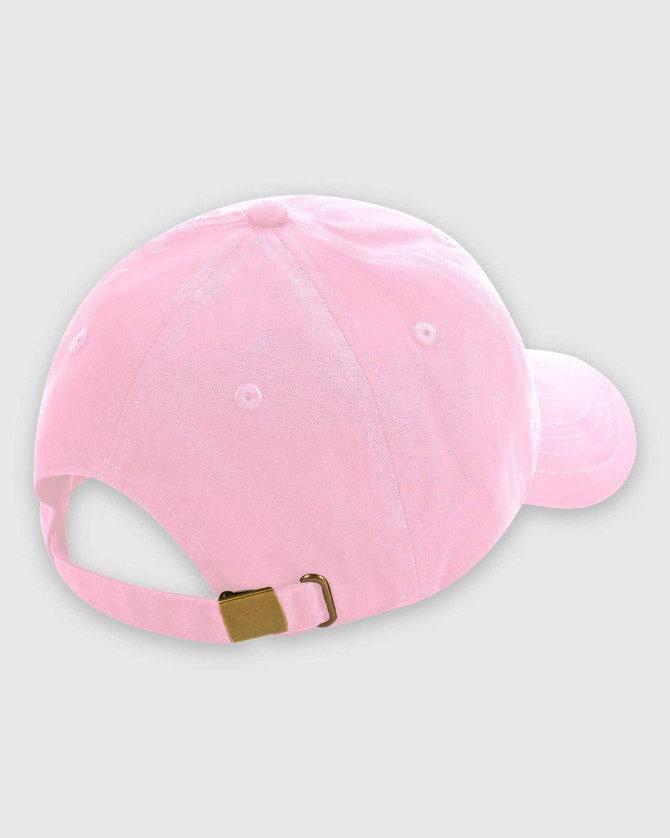 A pink dad cap featuring a curved brim and an adjustable strap at the back, along with a logo.