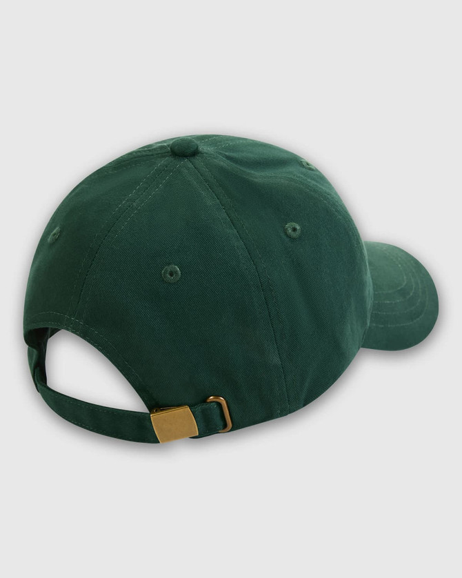 A green dad cap featuring an adjustable strap and a logo on the back.