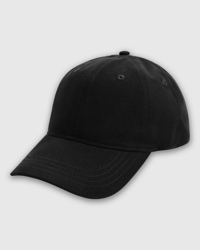 A black dad cap featuring a curved brim and eyelets for ventilation. The cap has a logo on it.