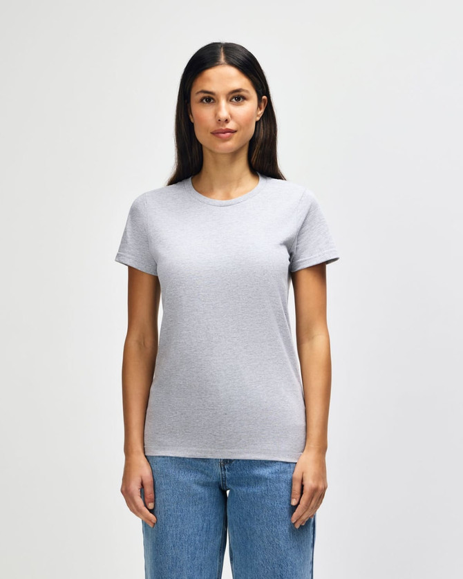 A midweight grey ladies' t-shirt with a classic crew neckline and short sleeves. Features a logo.