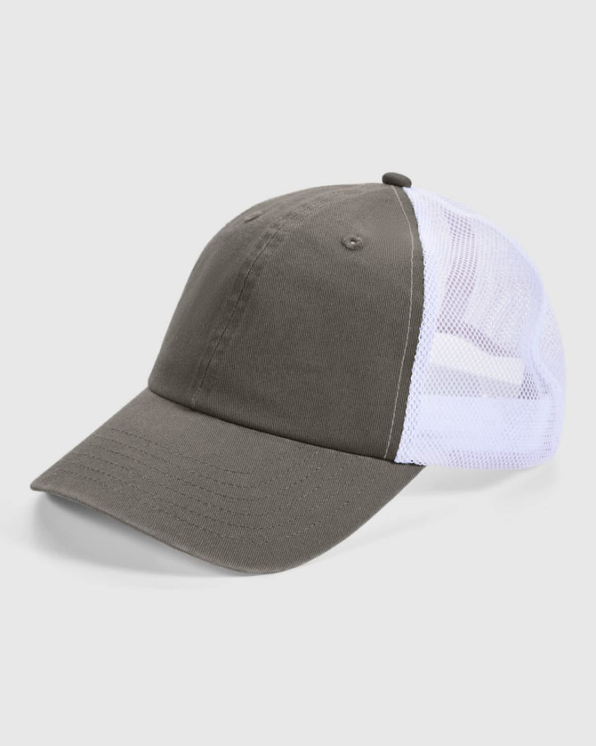 A grey and white trucker cap with a curved brim and mesh back, featuring a logo on the front.