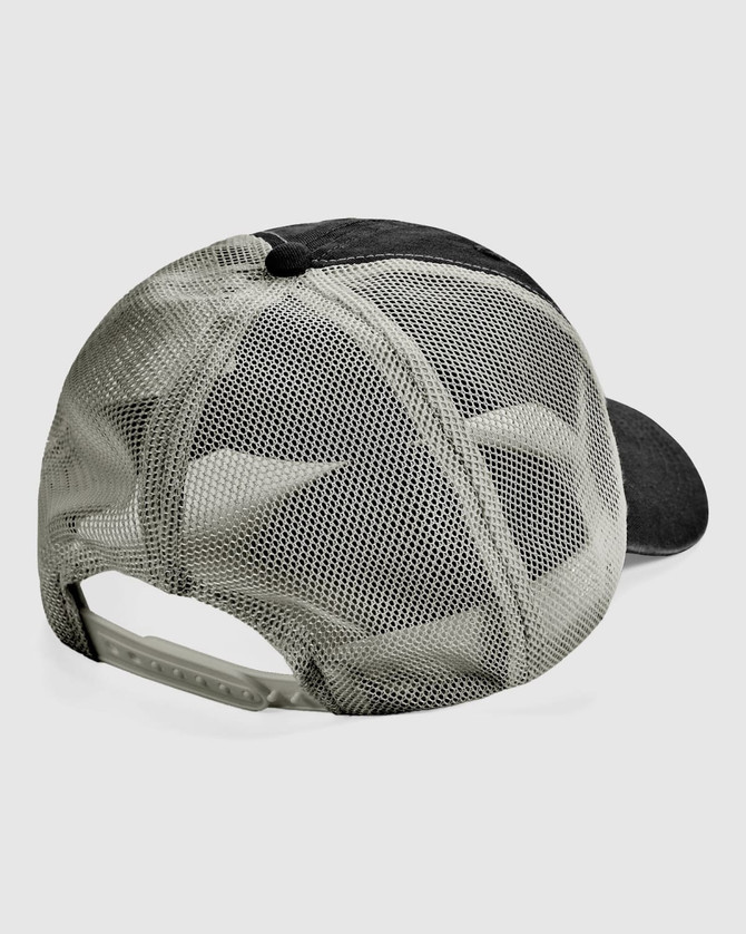 A black and light grey trucker cap with a mesh back and an adjustable strap. It features a logo on the front.