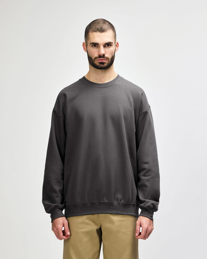 A grey Gildan Softstyle adult sweatshirt displayed on a model, featuring long sleeves and a crew neck.
