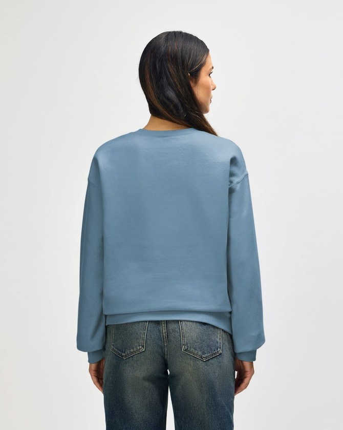 A blue Gildan Softstyle adult sweatshirt, featuring a crew neckline and long sleeves, viewed from the back.