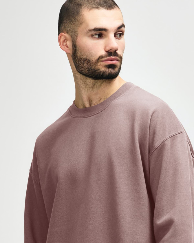 A model wearing a soft pink Gildan Softstyle adult sweatshirt. The sweatshirt features a classic fit and has a logo.