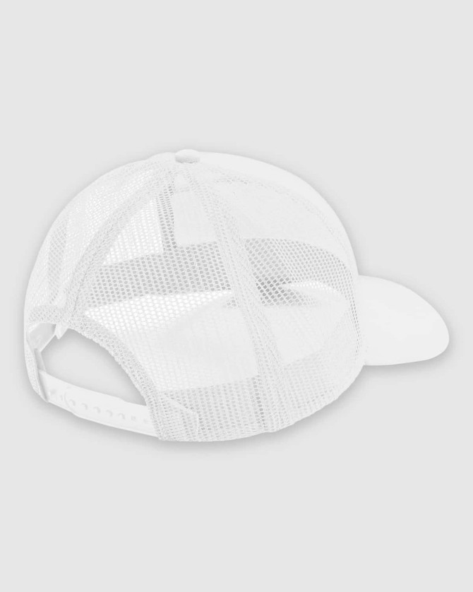 A white structured trucker cap featuring a mesh back and a curved brim, complete with a branding logo.