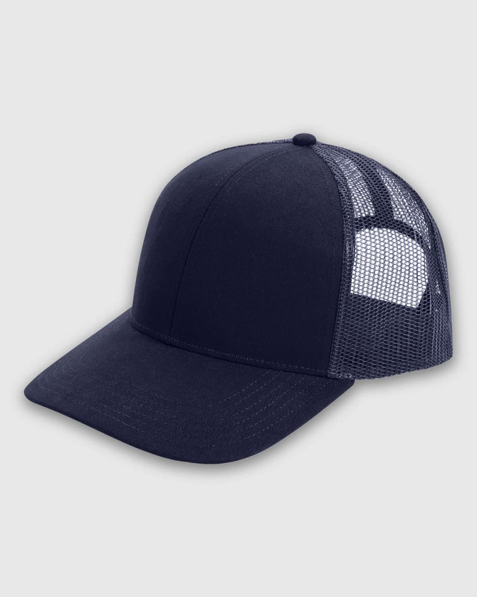 A navy blue structured trucker cap with a mesh back and a curved peak, featuring a logo on the front.