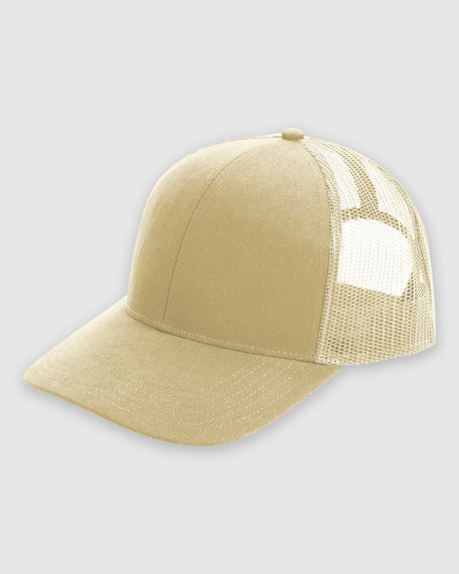 A structured beige trucker cap with a mesh back and a solid front panel. It features a logo.