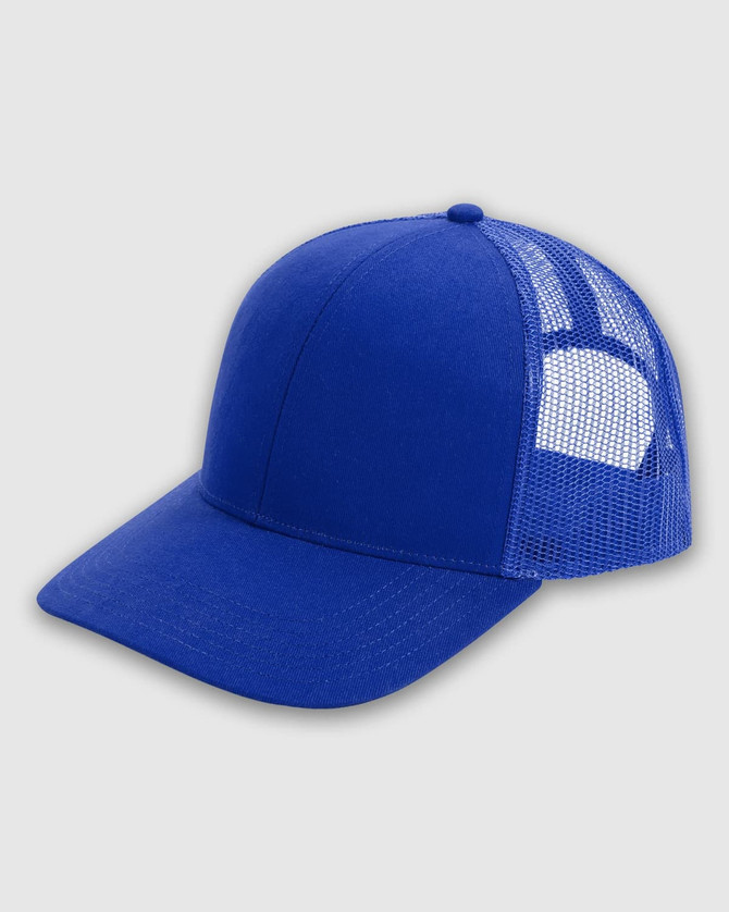 A blue structured trucker cap featuring a mesh back and a branded logo.