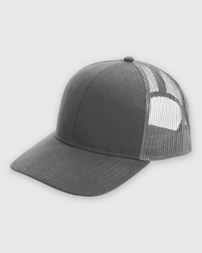 A grey structured trucker cap featuring a mesh back and a curved visor, with a logo on the front.