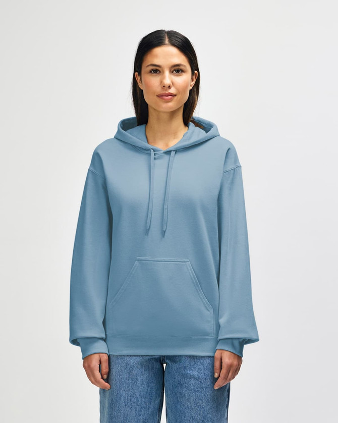 A soft blue adult hooded sweatshirt with a front pocket and a hood, featuring a logo on the chest.