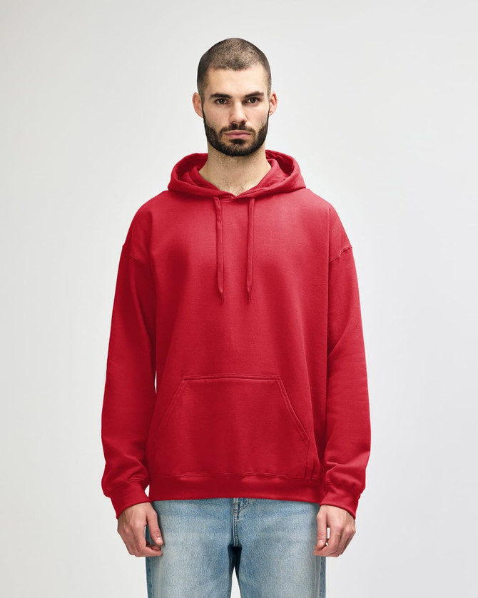 A red hooded sweatshirt with a front pocket and drawstring, featuring a logo on the chest.