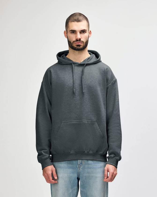 A grey hooded sweatshirt with a front pouch pocket and a drawstring hood, featuring a logo.