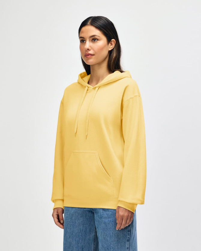 A yellow Gildan Softstyle adult hooded sweatshirt with a kangaroo pocket and a logo on the front.
