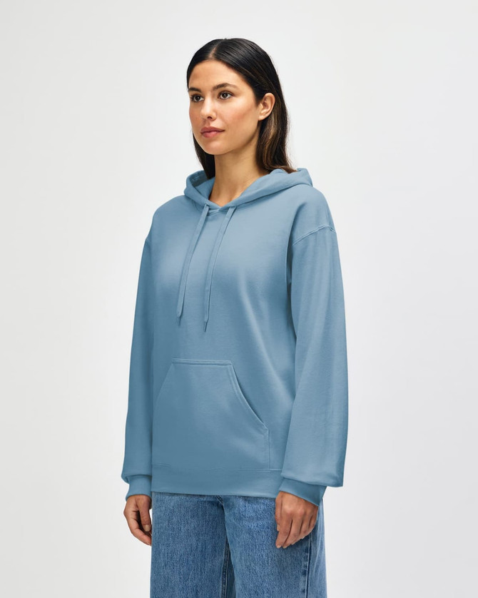 A light blue hooded sweatshirt with a kangaroo pocket and a drawstring hood displayed on a model.