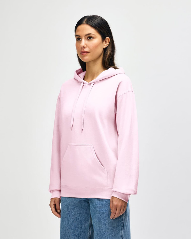A pink adult hooded sweatshirt with a front pocket and a drawstring hood, displayed on a model.