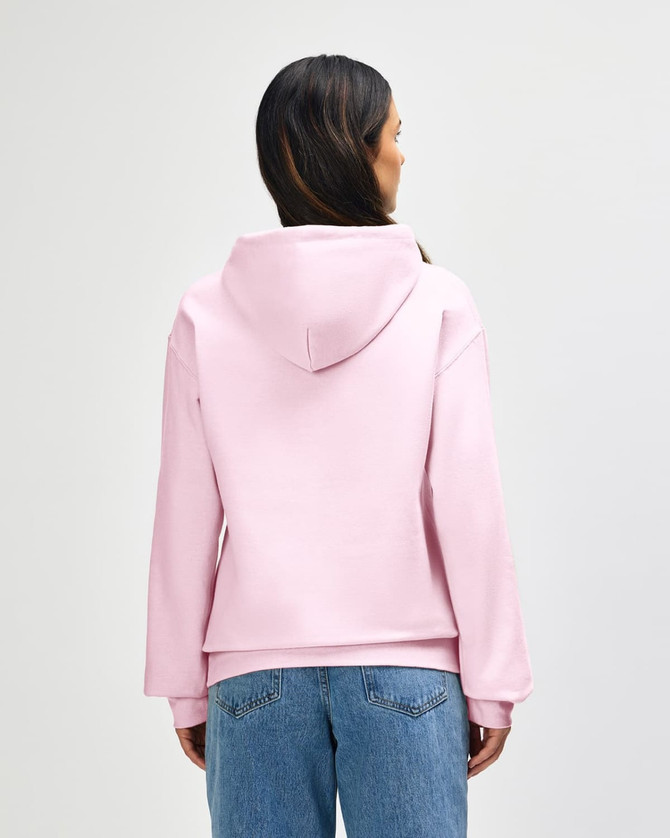 A pink hooded sweatshirt featuring a relaxed fit and kangaroo pocket, with a hood at the back.