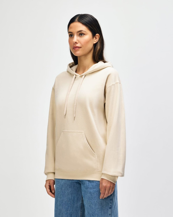 A beige hooded sweatshirt with a front pocket and a drawstring hood, featuring a logo on the chest.
