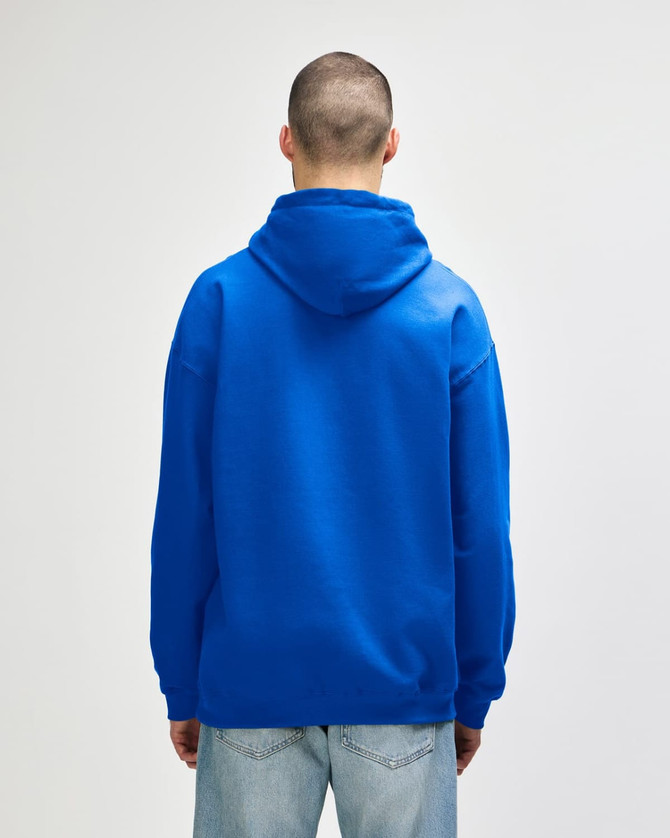 A blue hooded sweatshirt with a spacious back and attached hood, featuring a logo.