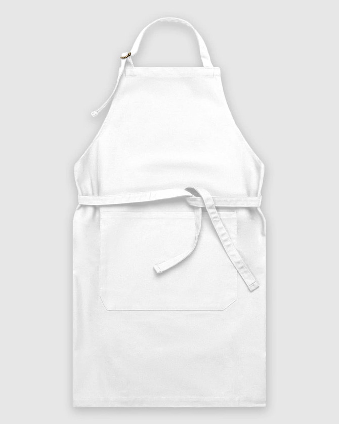 A white apron featuring a pocket and adjustable neck strap, designed for cooking or crafting activities.
