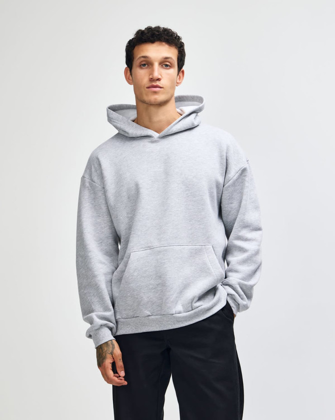A grey unisex hooded sweatshirt featuring a front pocket and a logo on the chest.