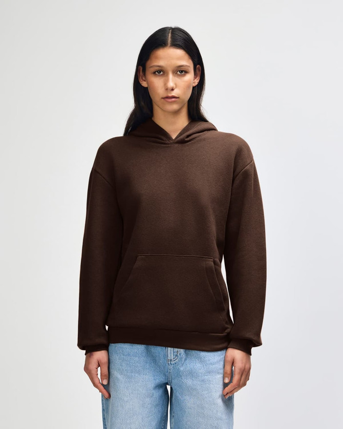 A unisex hooded sweatshirt in brown, featuring a front pocket and a logo.
