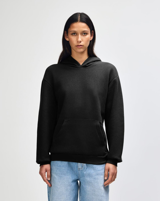 A black unisex hooded sweatshirt with a front pocket and a relaxed fit. It features a logo.