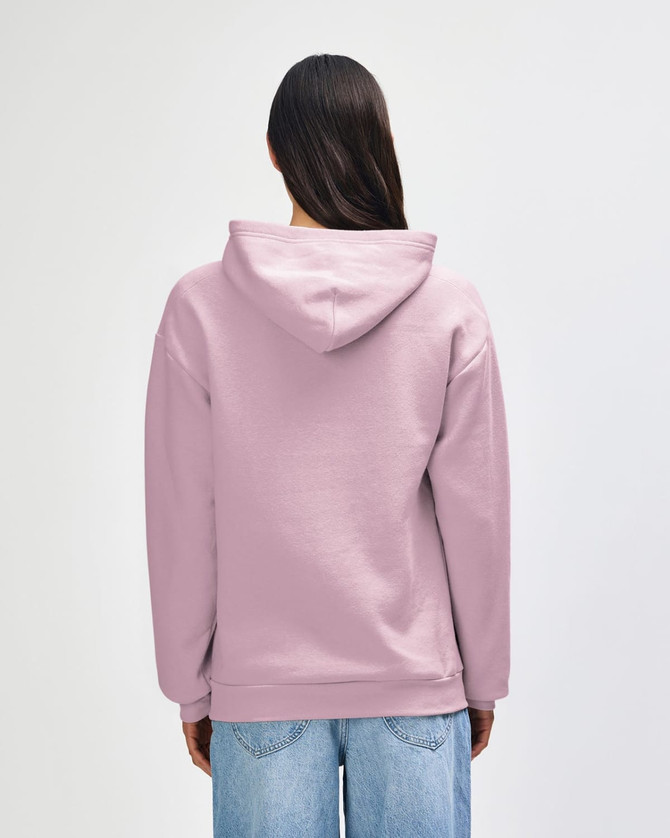 A pink unisex hooded sweatshirt featuring a spacious hood and a relaxed fit, with a visible logo on the back.