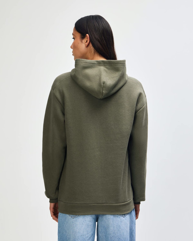 A unisex hooded sweatshirt in olive green with a relaxed fit and a hood, featuring a logo.