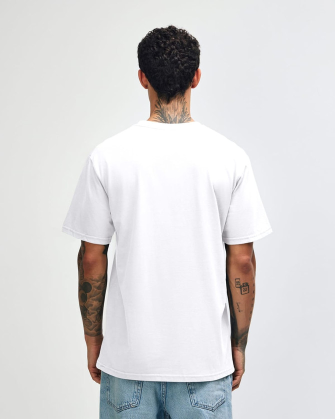 A white unisex short sleeve T-shirt with a relaxed fit, displayed from the back. It features a logo on the neck area.