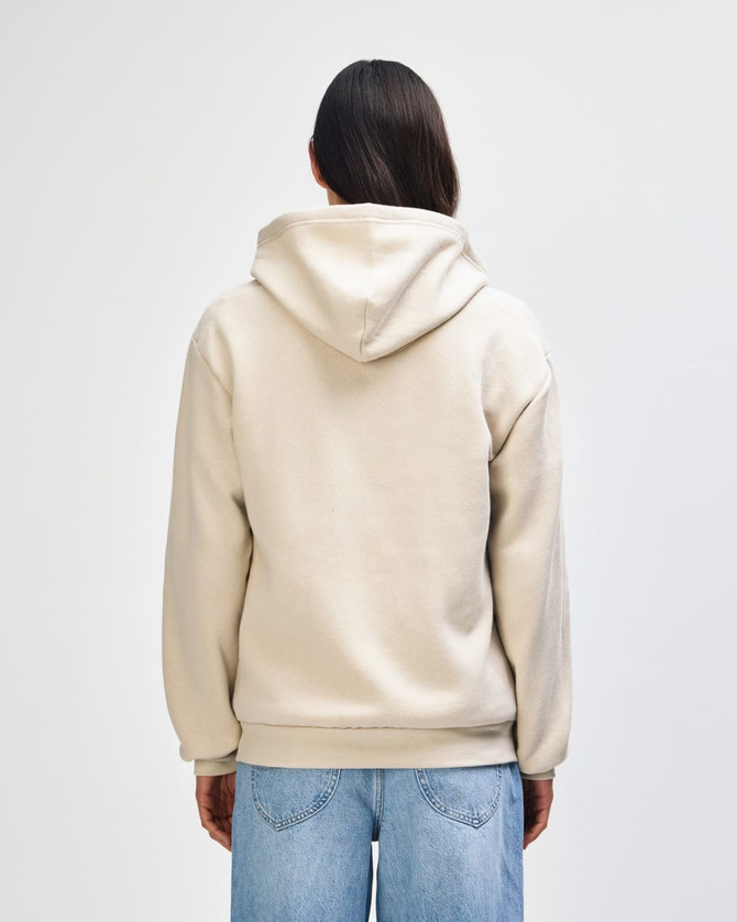 A unisex full zip hooded sweatshirt in a light beige colour, featuring a logo on the back.