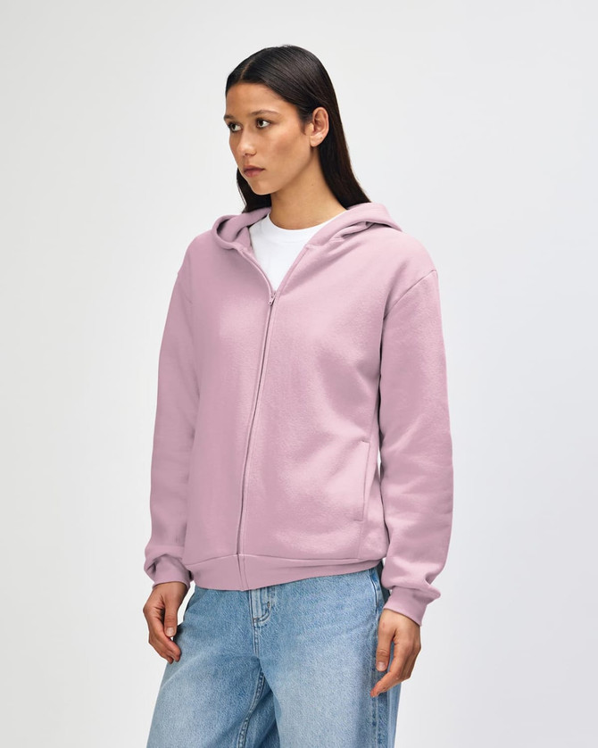 A unisex full zip hooded sweatshirt in light pink with a side view and a logo.