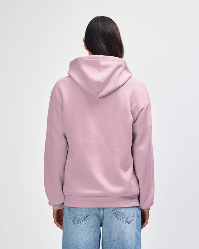 A unisex full zip hooded sweatshirt in a soft pink shade, showcasing a plain back view. It has a logo on the hood.