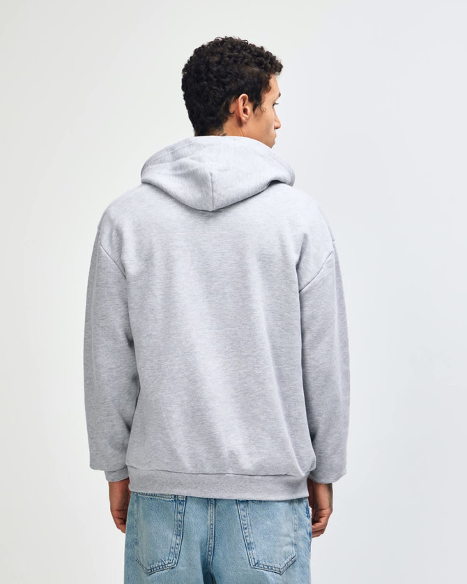 A unisex full zip hooded sweatshirt in grey, featuring a hood at the back and a logo.