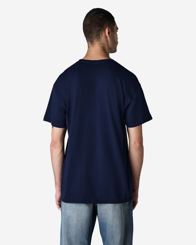 A navy Gildan light cotton T-shirt displayed from the back, featuring a simple design and short sleeves.