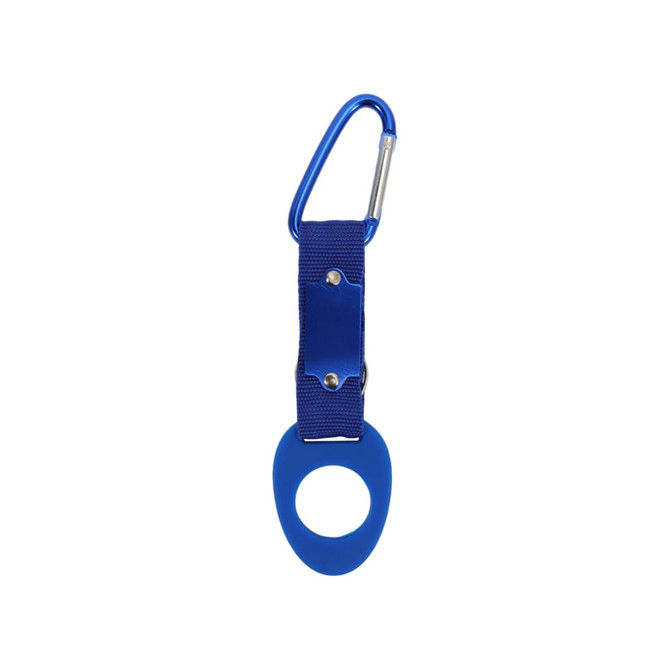 A drink bottle holder with a blue rubber grip, attached to a blue carabiner clip. Includes a small logo.
