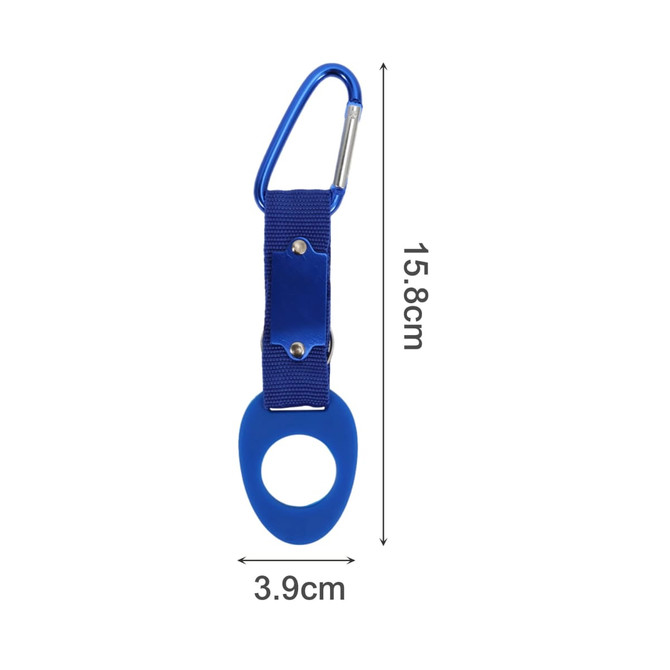 A drink bottle holder featuring a blue rubber grip and a blue carabiner clip, measuring 15.8 cm in length.