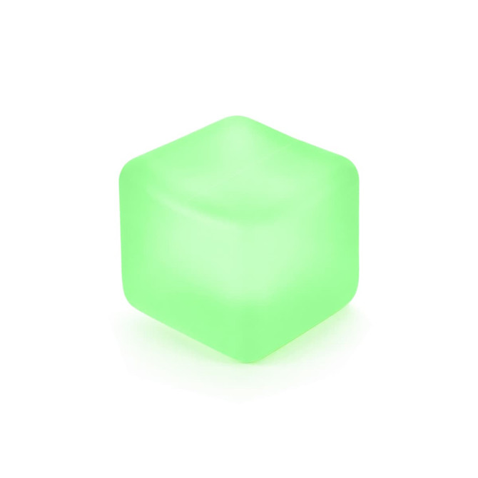 A squishy stress relief cube in a light green colour with a smooth, glossy surface. It has a simple cube shape.